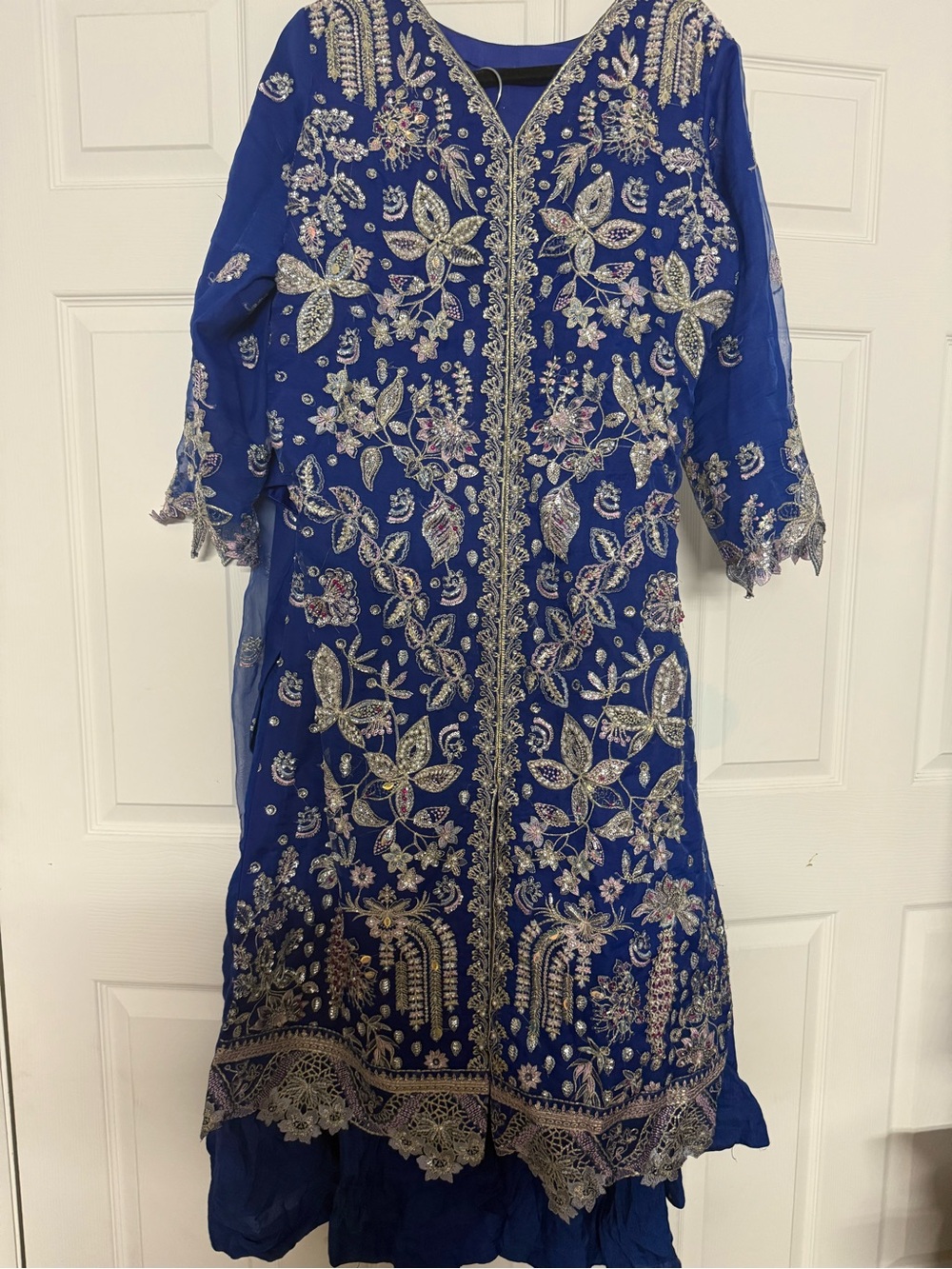 Embroidered Royal Blue Formal Dress with Silver Accents